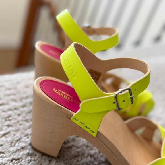 NEW SWEDISH HASBEENS KRINGLAN NEON Yellow Leather Platform Clog Sandals Women 9 - Picture 4 of 13